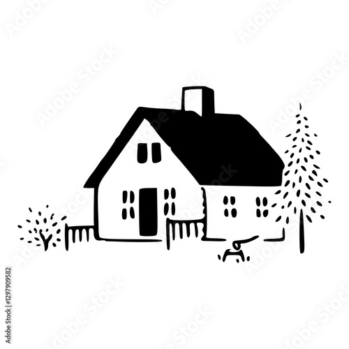 simple house vector illustration with tree and bushes