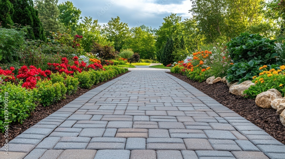 Park walkway lined with colorful flowers and shrubs Park walkway lined with colorful flowers and shrubs