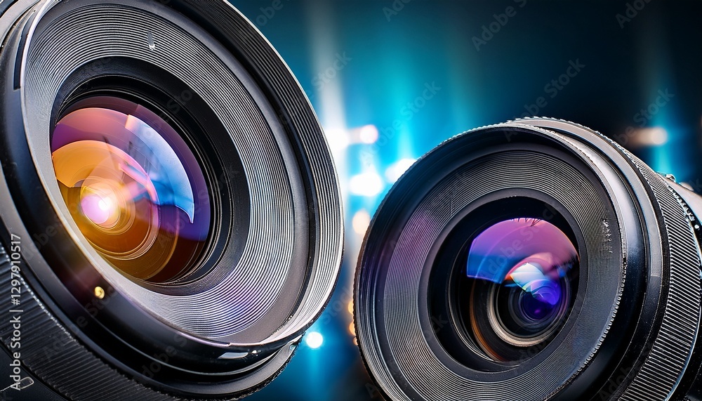 Close-up camera lenses: light reflections, futuristic tech. High-tech optics, modern. Close-up camera lenses: light reflections, futuristic tech. High-tech optics, modern.