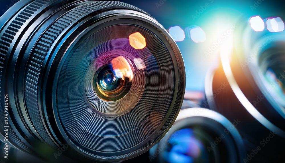 Close-up camera lenses: light reflections, futuristic tech. High-tech optics, modern. Close-up camera lenses: light reflections, futuristic tech. High-tech optics, modern.