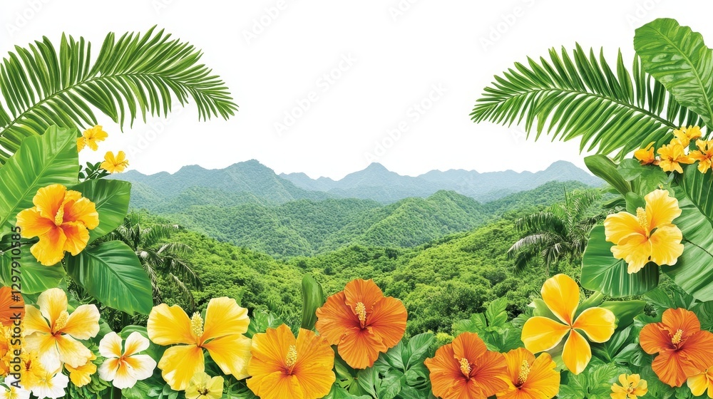 Fototapeta premium Tropical island floral paradise backdrop with hibiscus blossoms and rainforest vegetation scenery summer vacation design or decorative element