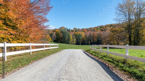 Gravel road flanked by white wooden fences leads towards colorful autumn forests under a clear blue sky.