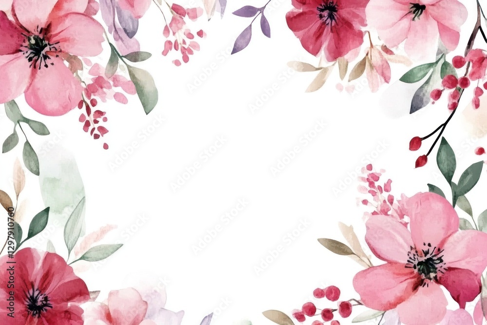 Fototapeta premium Watercolor floral frame with pink flowers and leaves on white background.