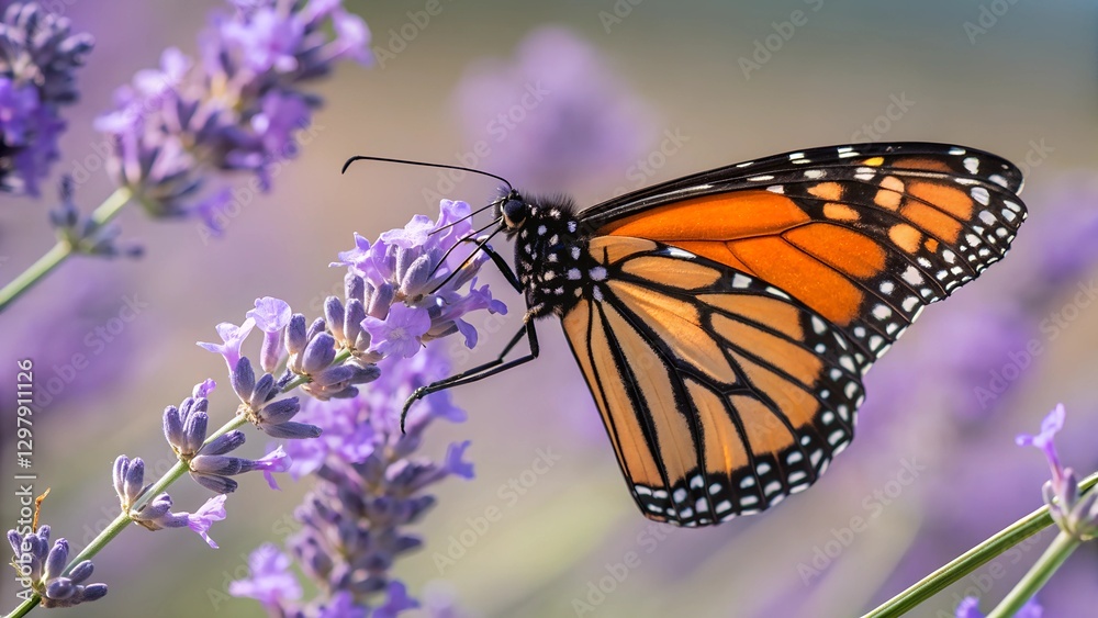 Fototapeta premium Monarch Butterfly on Lavender: A vibrant monarch butterfly delicately perched on a sprig of lavender, its orange and black wings contrasting beautifully against the soft purple blossoms.