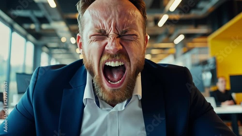Frustrated man expresses emotions in modern office setting during work hours