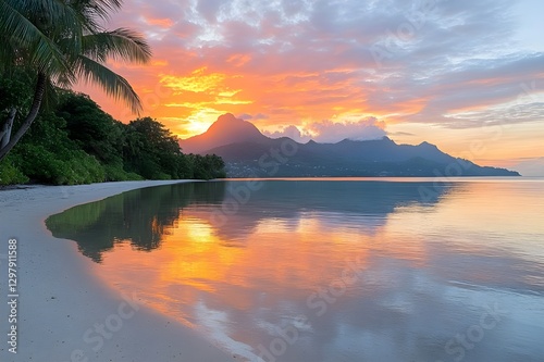 Calm sunset light reflects orange hues on the blue water of lake and river
