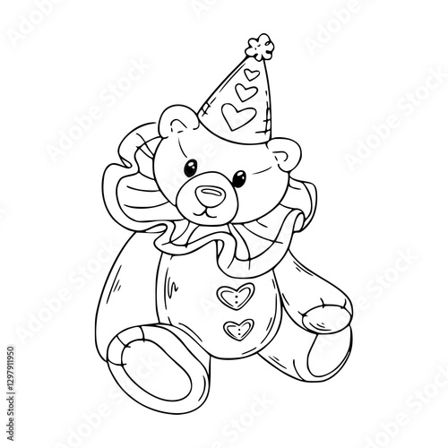 funny teddy bear with party hat line art