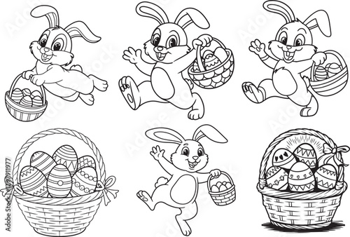 Easter bunny rabbit cartoon character holding a basket full of painted Easter eggs. In black and white outline, Easter egg basket colouring book pages.