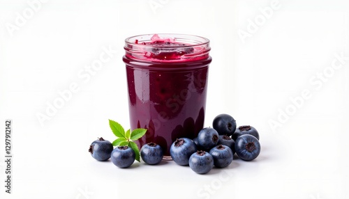 Blueberry jam in jar with fresh blueberries and mint leaves