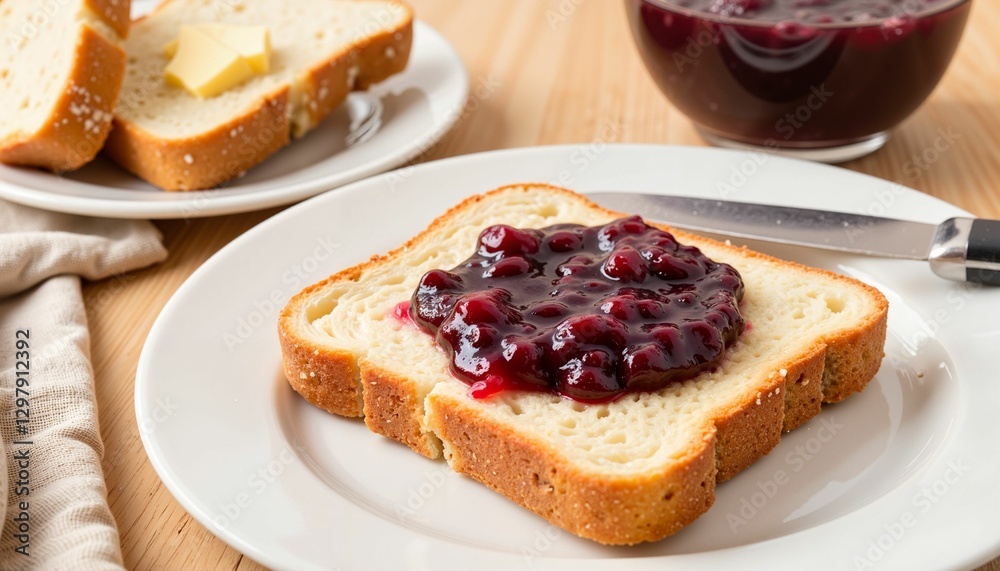 Slice of bread with jam on a plate Slice of bread with jam on a plate