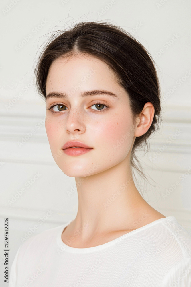 Elegant Young Woman with a Natural Beauty Look in a Minimalist Setting Elegant Young Woman with a Natural Beauty Look in a Minimalist Setting