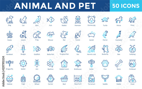Animal and Pet icon set with dog, cat, bird, fish, rabbit, hamster, guinea pig, turtle, horse, pony, snake, lizard, frog, mouse icon. Simple outline color vector 

