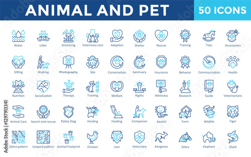 Animal and Pet icon set with food, water, litter ,grooming ,veterinary care, adoption, shelter, rescue, training, toys, accessories icon. Simple outline color vector 

