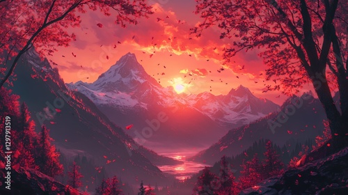Breathtaking sunset over mountains with vibrant red skies and swirling autumn leaves.