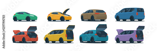A set of cars with open trunks and hoods. Vector illustration.