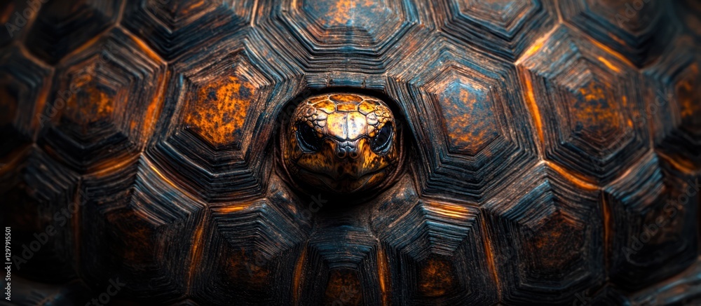 Close-up of a tortoise's head peeking from its shell, showcasing intricate shell patterns and textures. Close-up of a tortoise's head peeking from its shell, showcasing intricate shell patterns and textures.