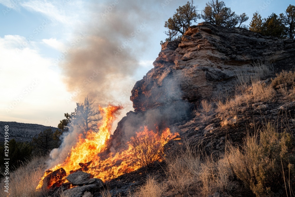 Fototapeta premium A fire in a national park, where the fire is burning through dry grasses and shrubs. 