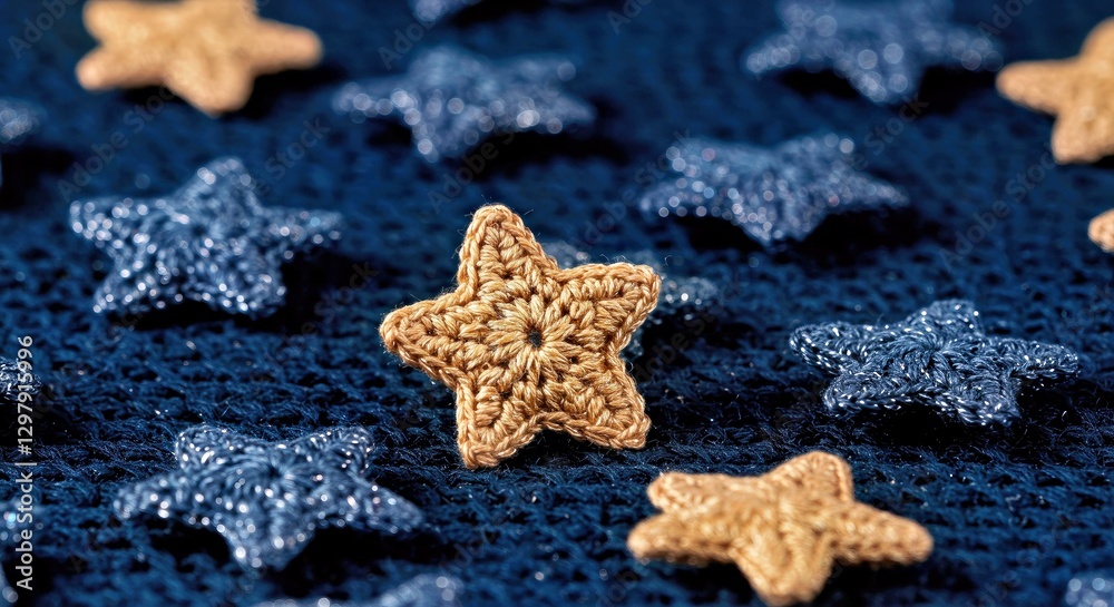 Tiny Amigurumi Stars With Glittery Yarn Accents on a Midnight Blue Fabric