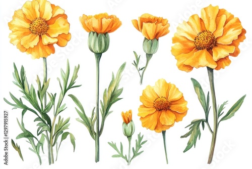 Fototapeta Naklejka Na Ścianę i Meble -  Watercolor illustration of yellow flowers with stems and leaves, isolated on white background.