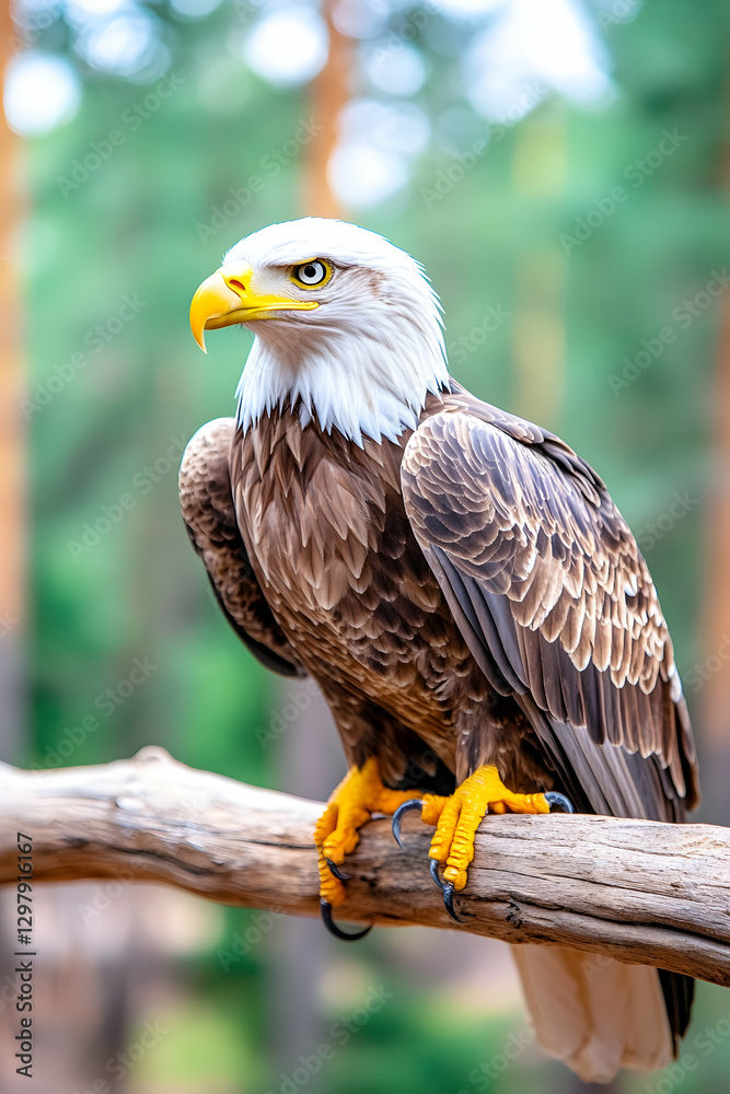Obraz premium Bald eagle perched on branch in forest