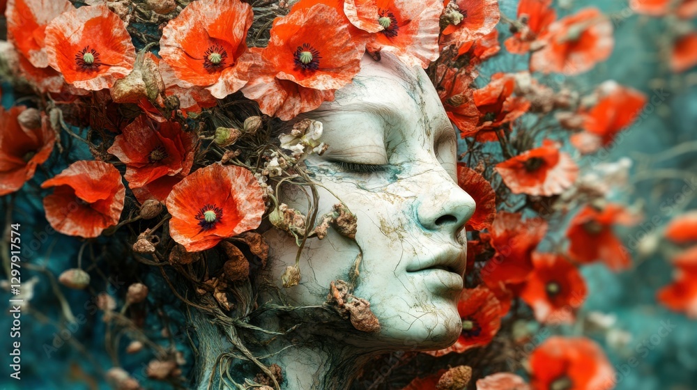 Naklejka premium Enchanted Nature: Surreal Portrait Merging Woman with Blossoming Poppies