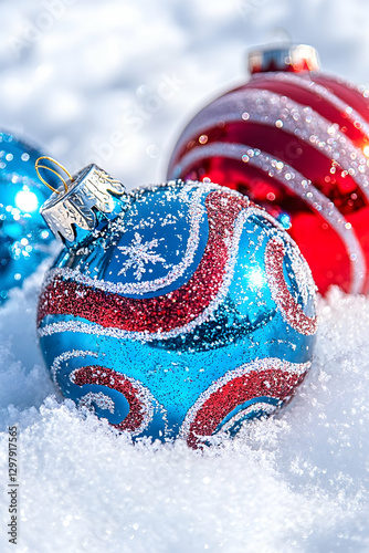 Christmas ornaments in snow, festive holiday decorations, close-up, winter scene, background photo