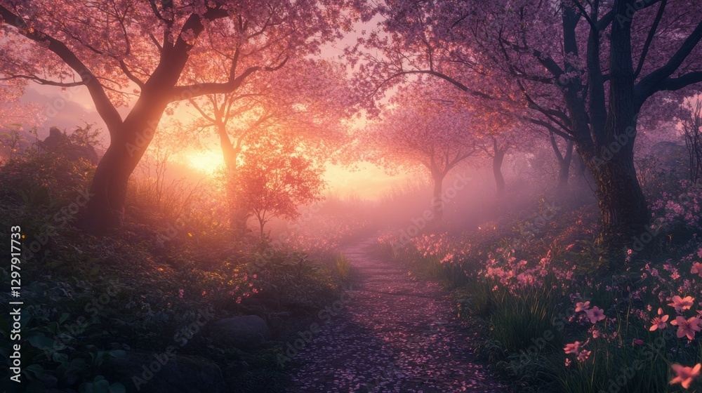 Enchanting Pathway Through Pink Cherry Blossom Trees in a Misty Forest at Sunset Enchanting Pathway Through Pink Cherry Blossom Trees in a Misty Forest at Sunset
