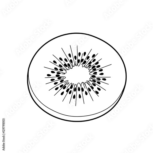 Kiwi Fruit Cross Section: A simple, clean outline illustration of a kiwi fruit cross-section, showcasing the iconic starburst pattern of the seeds.