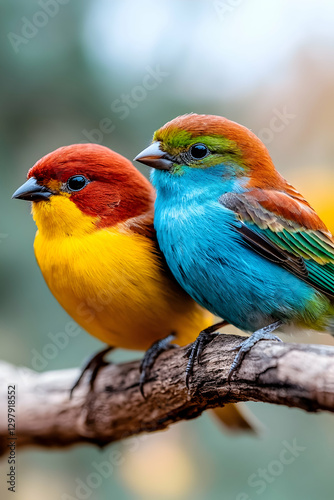 Close-up of two colorful birds perched on a branch. Possible use nature photography