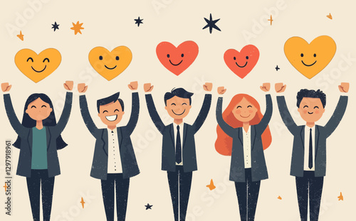 Employee Satisfaction Concept: Flat Style Vector Cartoon Illustration of Diverse Professionals Holding Joy and Satisfaction Emojis