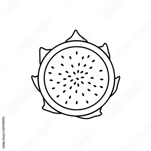 Dragon Fruit Delight: A clean line art illustration showcases a dragon fruit cut in half, revealing its unique texture and tiny black seeds in this delicious fruit. 