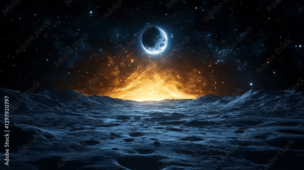 Celestial horizon cosmic dawn a new moonrise on strange planet abstract landscape with astral light rays and starry night exploration Celestial horizon cosmic dawn a new moonrise on strange planet abstract landscape with astral light rays and starry night exploration