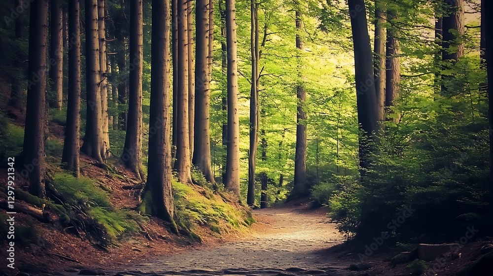 Obraz premium Hiking path through dense forest. Light shines through