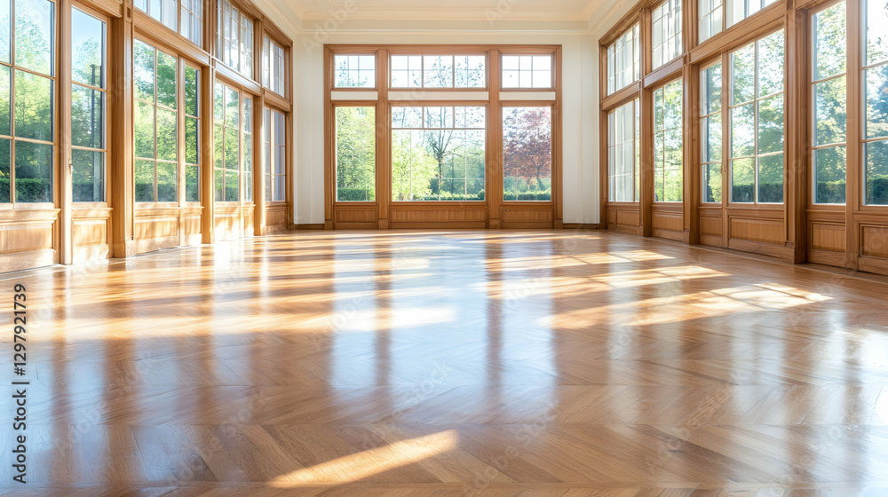 Obraz premium Empty sunlit room with hardwood floor and large windows overlooking garden. Possible use Interior design, real estate
