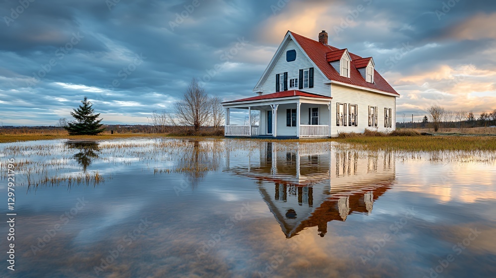 Fototapeta premium Beautiful white house with a red roof surrounded by tranquil water at sunset.