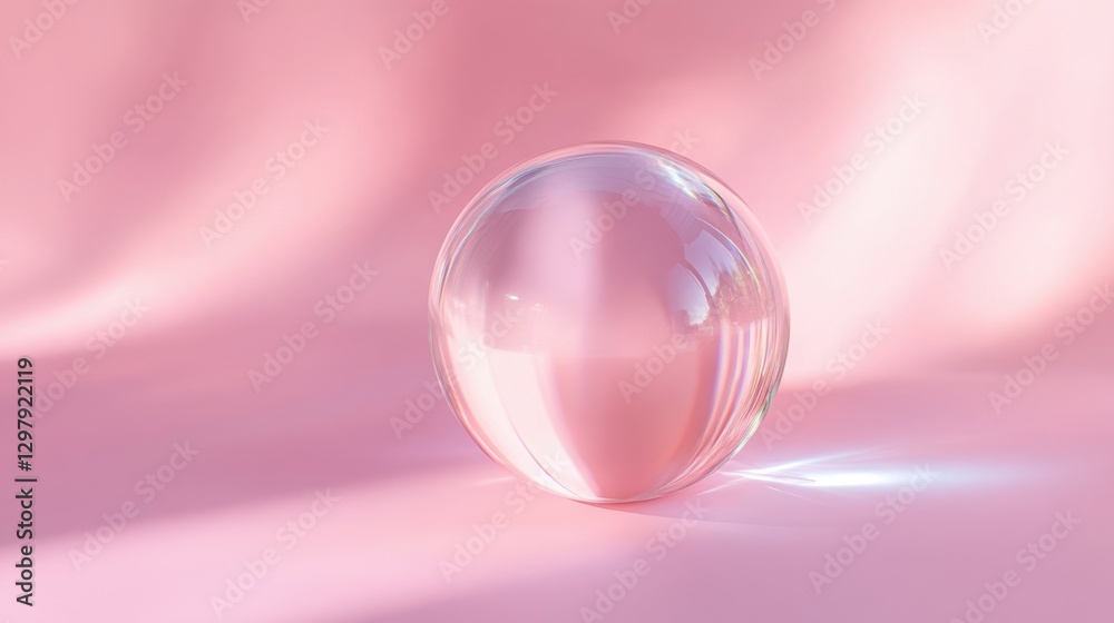 Glass sphere on a soft pink background with light reflections and shadows Glass sphere on a soft pink background with light reflections and shadows