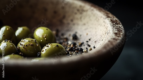 Green olives with black pepper and seasoning in rustic bowl