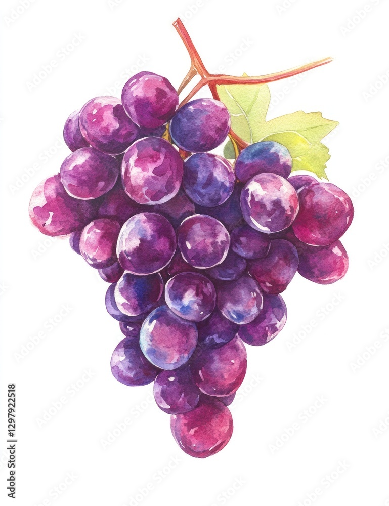Watercolor painting of a bunch of dark purple grapes with green leaves and stem. Watercolor painting of a bunch of dark purple grapes with green leaves and stem.