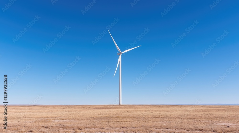 Isolated Wind Turbine on Open Prairie Under Clear Sky. Possible use Stock photo for environmental sustainability or renewable energy Isolated Wind Turbine on Open Prairie Under Clear Sky. Possible use Stock photo for environmental sustainability or renewable energy