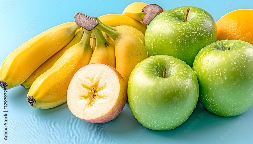 Fresh fruit assortment on blue background. Healthy eating Fresh fruit assortment on blue background. Healthy eating