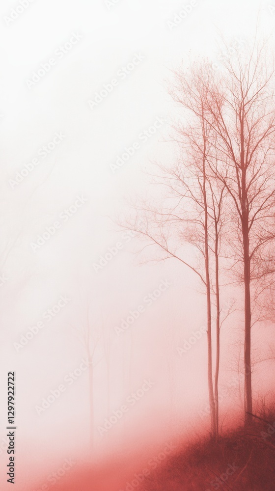 Obraz premium Misty morning landscape with bare trees in red haze