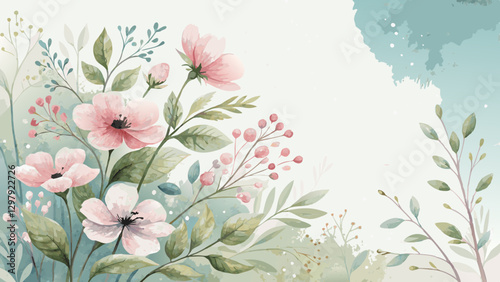 Watercolor floral arrangement background, delicate pastel flowers with subtle green leaves, creating a gentle and inviting atmosphere for Suhur with copy space  