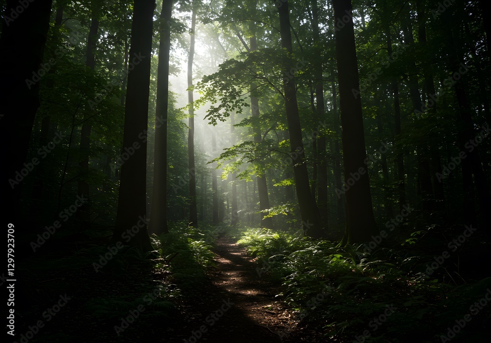 Obraz premium Walking Path Through Sunlit Forest with Tall Trees and Greenery