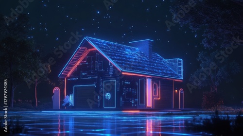 Cyberpunk Neon Smart Home in Dark Forest at Night with Glowing Blue Outline