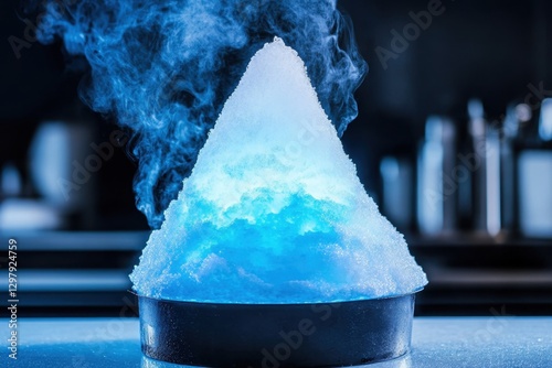 Mystical blue dry ice sculpture with fog effect