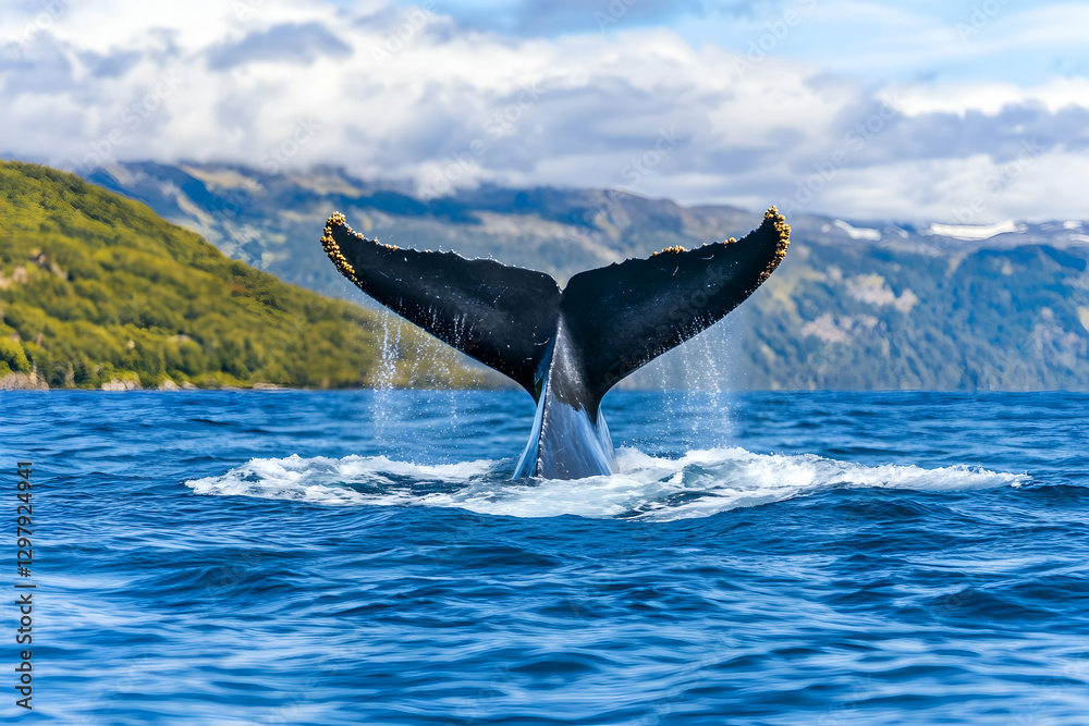 Fototapeta premium Humpback Whale Tail Flukes in Ocean Landscape