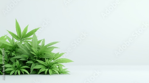 Cannabis Plant Showcase: Fresh green cannabis plants arranged to highlight their lush foliage, demonstrating the plant's aesthetic beauty and natural form. 