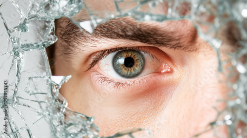 Man's eye looking through broken window with shattered glass, crime or voyeurism concept