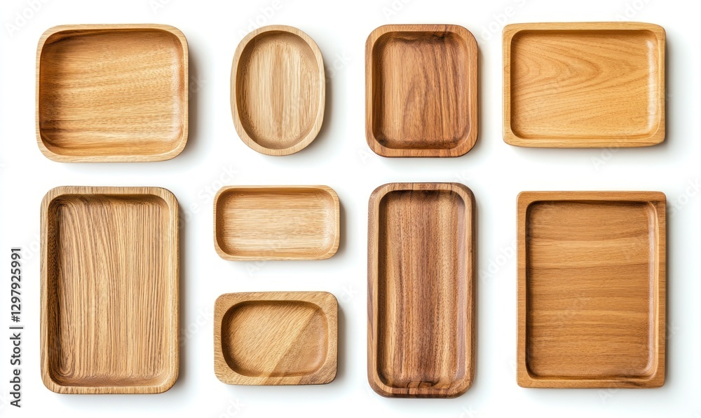 Collection of various sizes and shapes of wooden trays and bowls on white background. (1) Collection of various sizes and shapes of wooden trays and bowls on white background. (1)