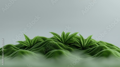 Cannabis Landscape: Artistic rendering of cannabis plants growing on rolling green hills, enveloped in a subtle mist, offering a tranquil, abstract view.